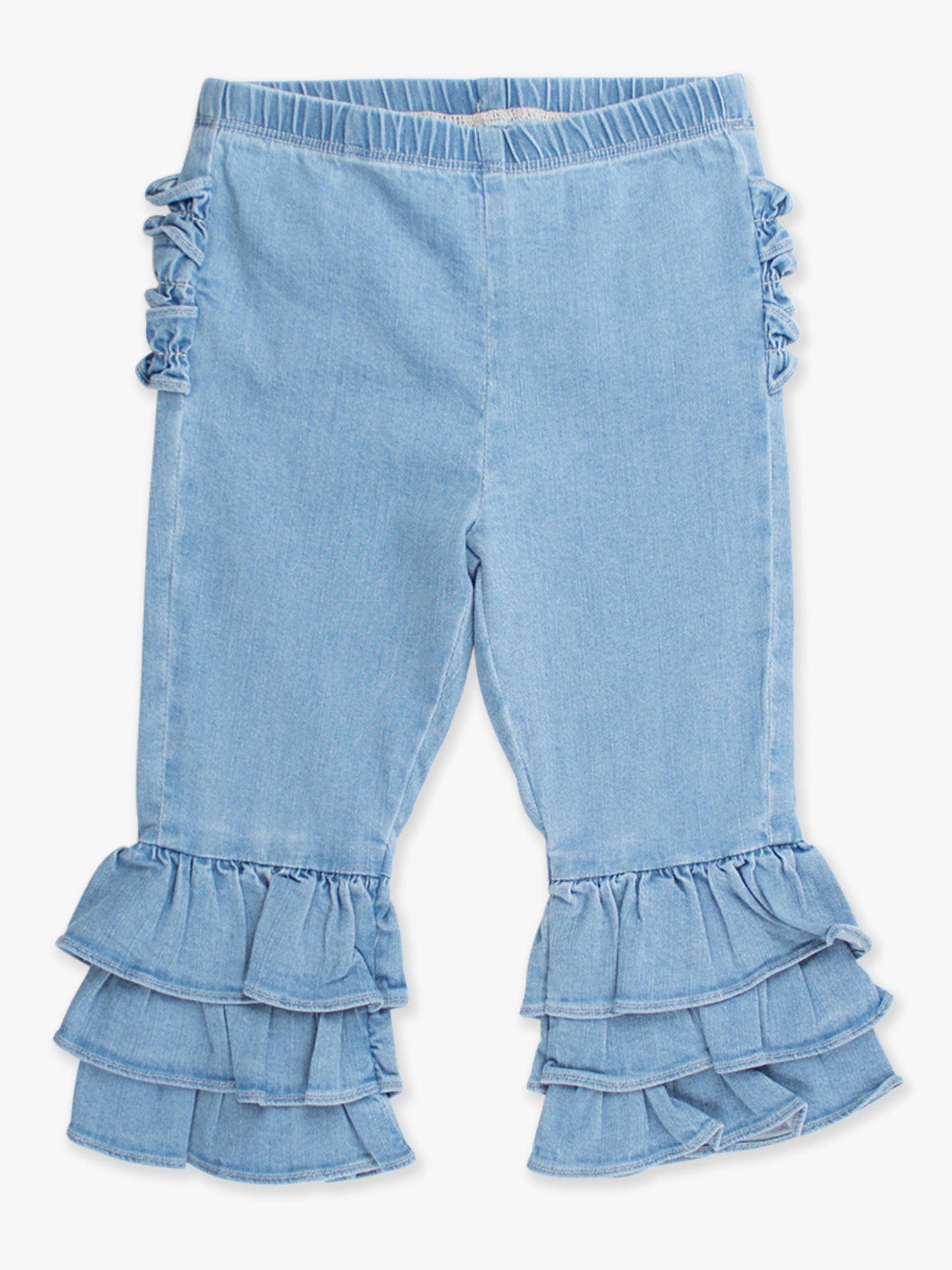 Toddler Girls Light Wash Stretch Denim Ruffle Flare Pants with Signature Rear Ruffles
: Blue / 4T