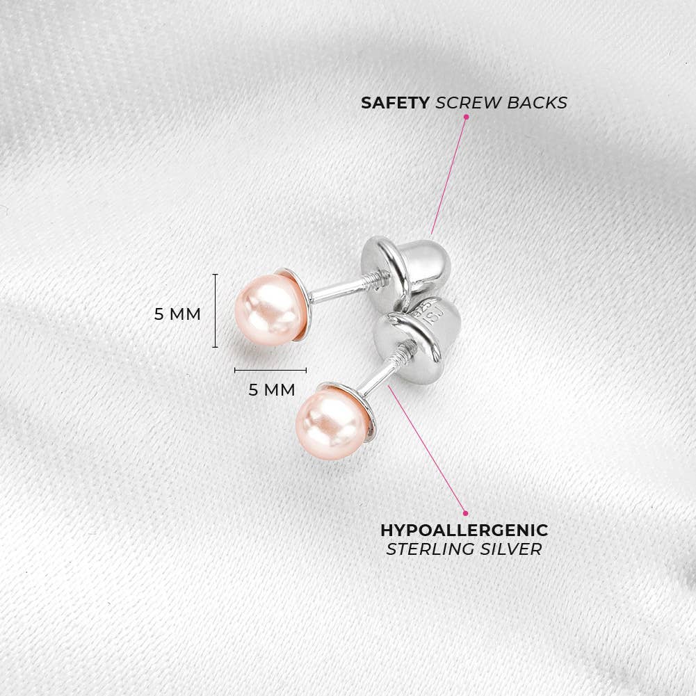 Pink Pearls 3-5mm Kids Earrings Screw Back - Sterling Silver: 4.0mm