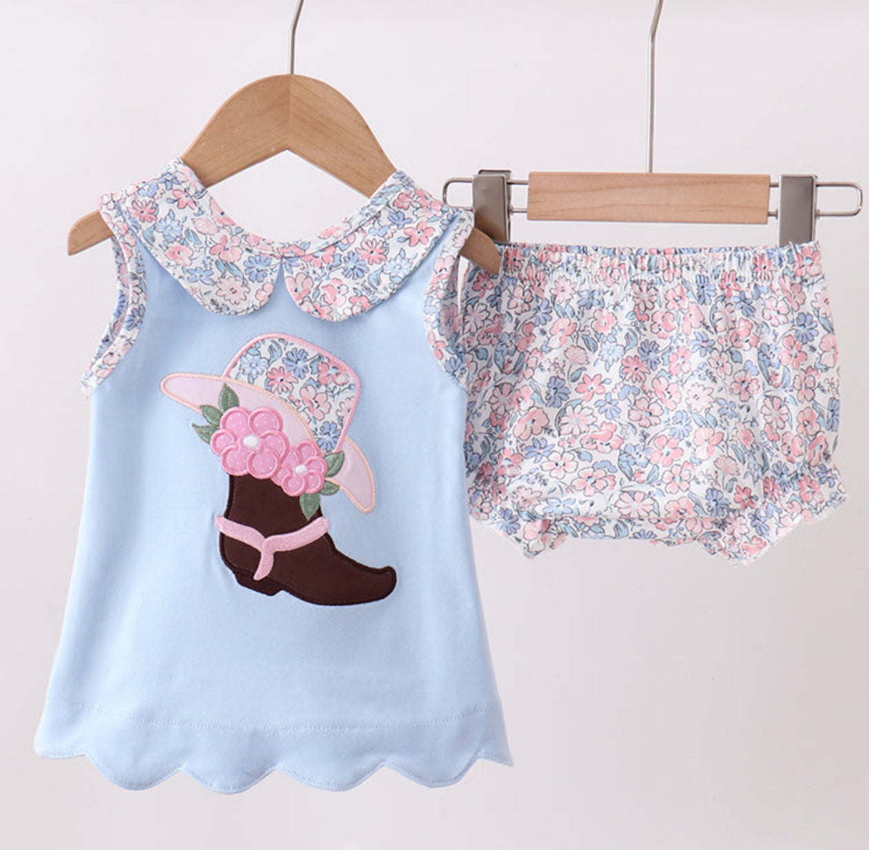 Blue Floral Cowgirl Boot Diaper Set
