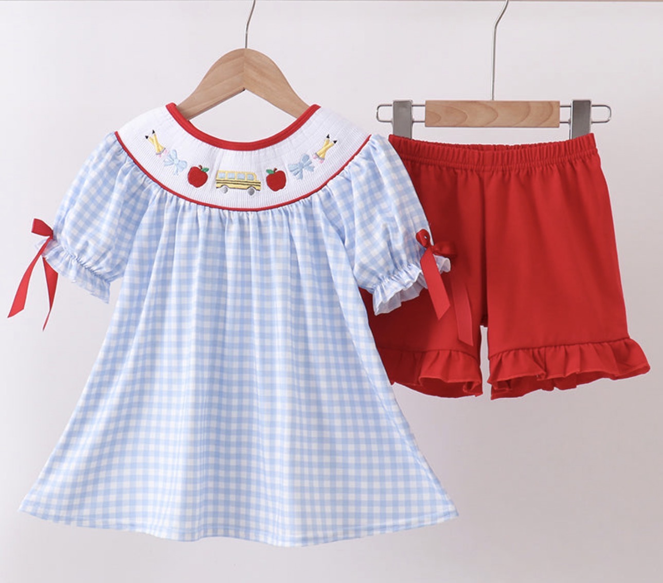 Blue Check Smocked School Shorts Set
