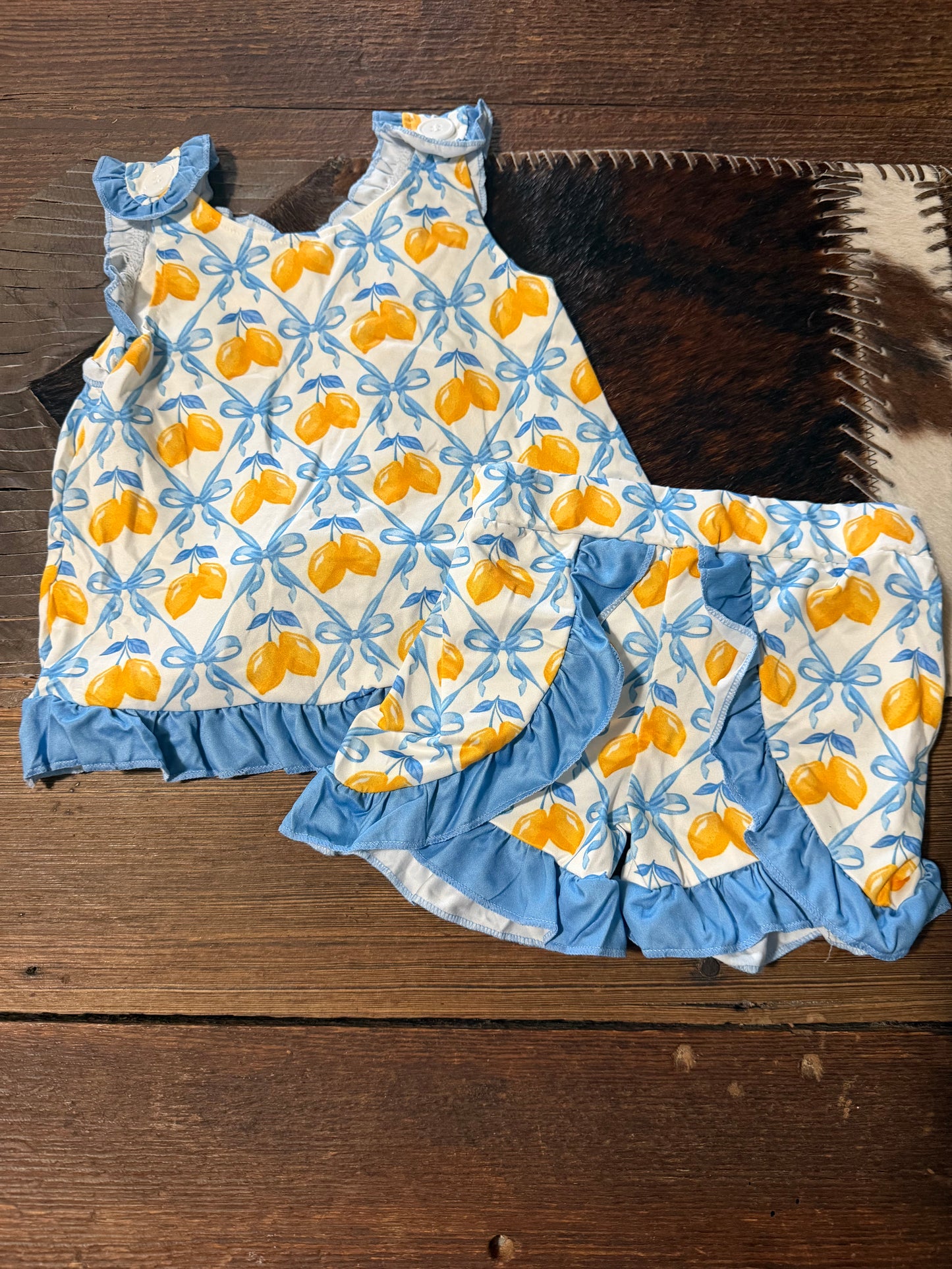 Blue Bow Lemon Ruffle Cross Back Shorts Set