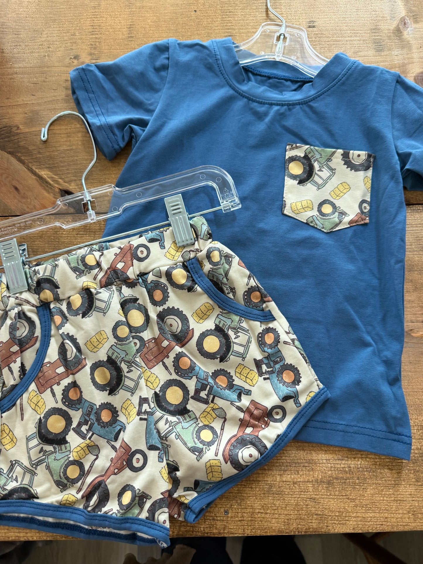 Blue Tractor Print Shorts Set