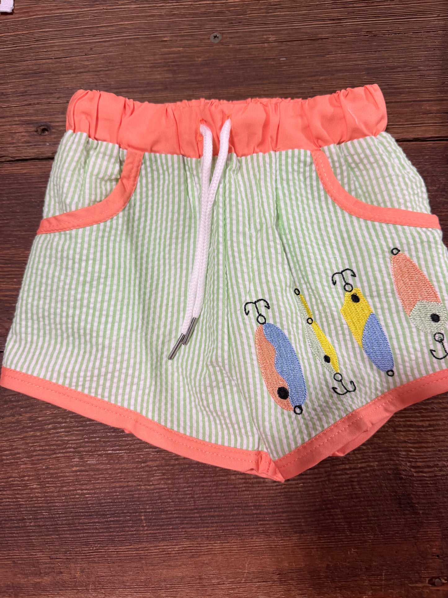 Green/Orange Fish Seersucker Swim Trunks