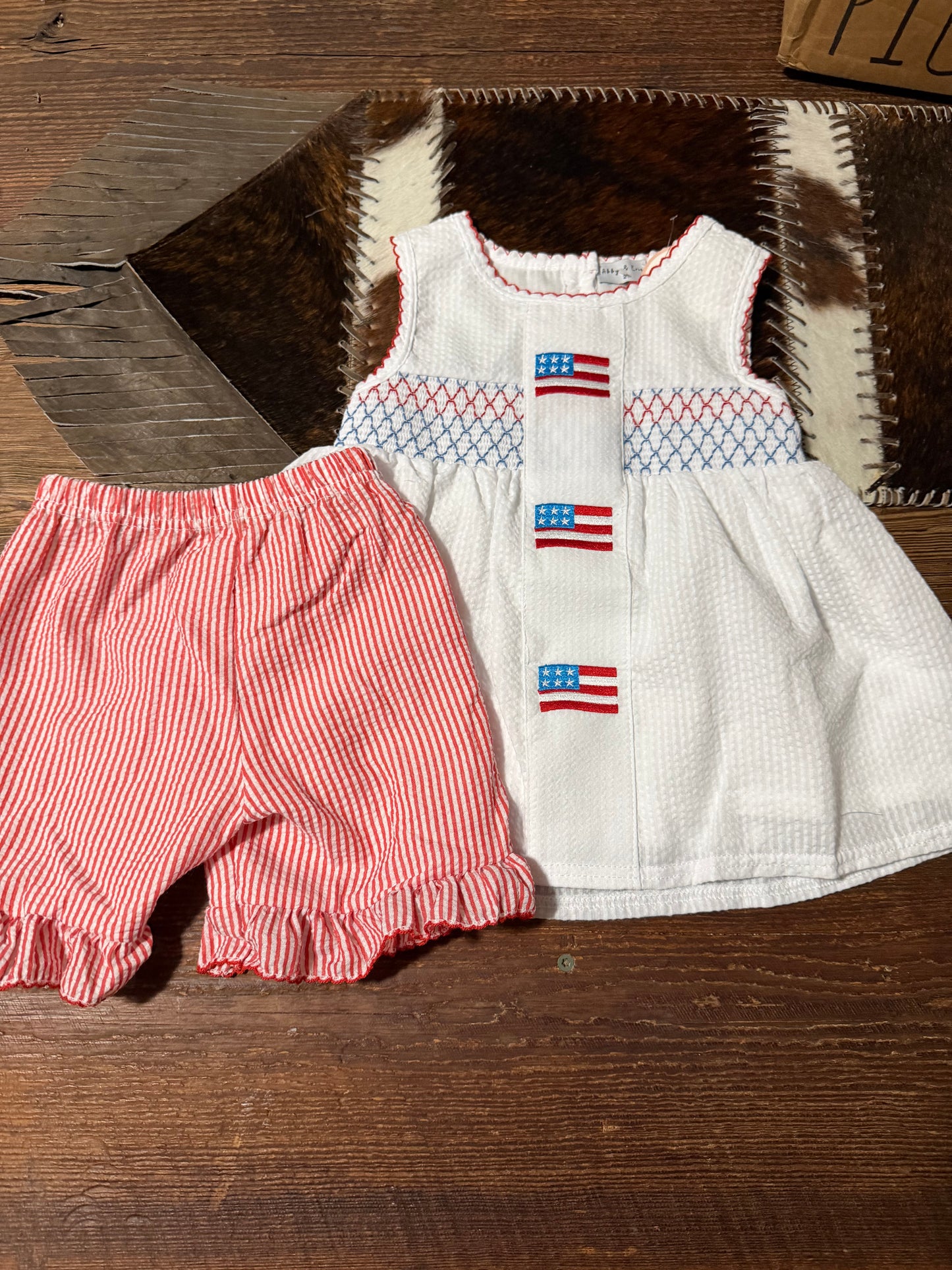 White Smocked Flag Trio Girl Shorts Set