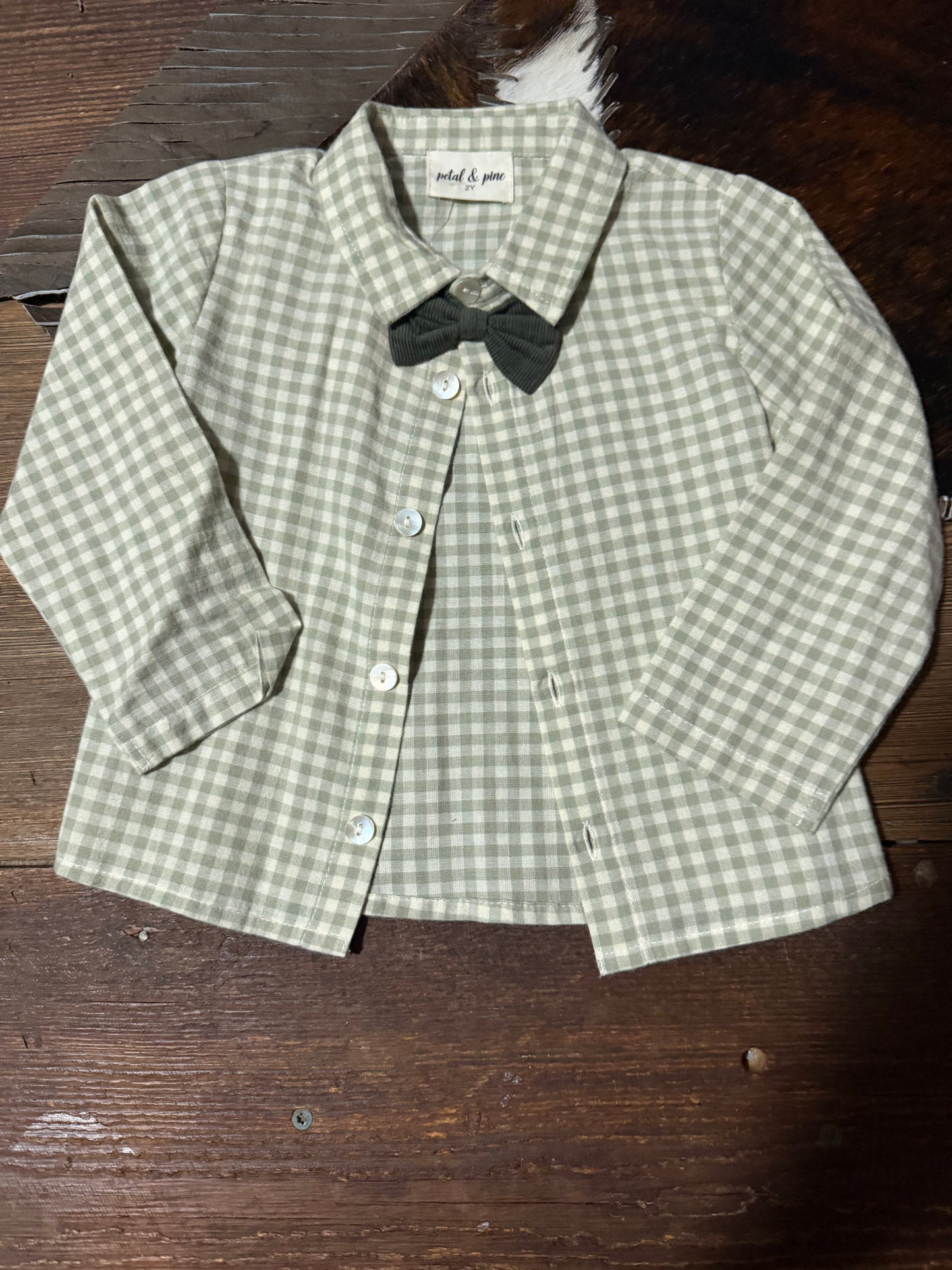 Petal & Pine Green Check Bow Tie Shirt