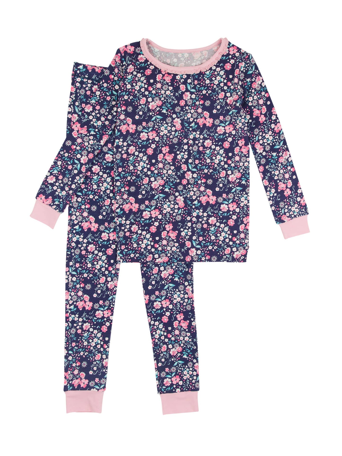 SoftSnooze™ Girls Bamboo Viscose Moonlit Meadow Ruffle Long Sleeve Pajama Set: Navy / 7/8