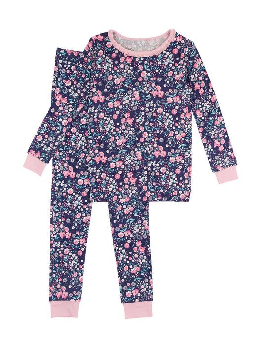 SoftSnooze™ Girls Bamboo Viscose Moonlit Meadow Ruffle Long Sleeve Pajama Set: Navy