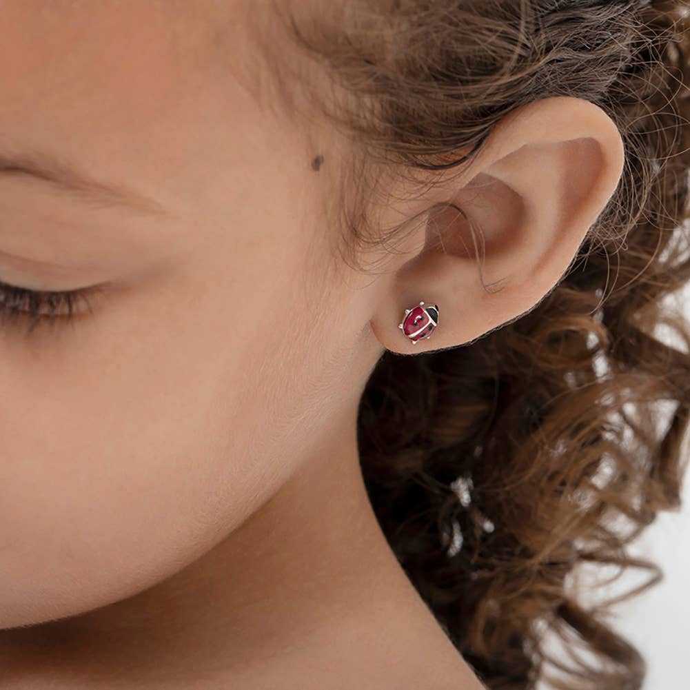 Enamel Ladybug Baby Toddler Kid Earrings - Sterling Silver: Red