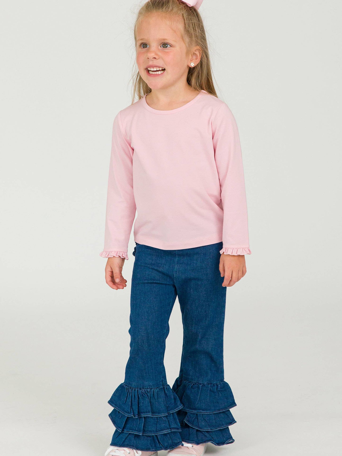 Toddler Girls Medium Wash Stretch Denim Ruffle Flare Pants with Signature Rear Ruffles: Blue
