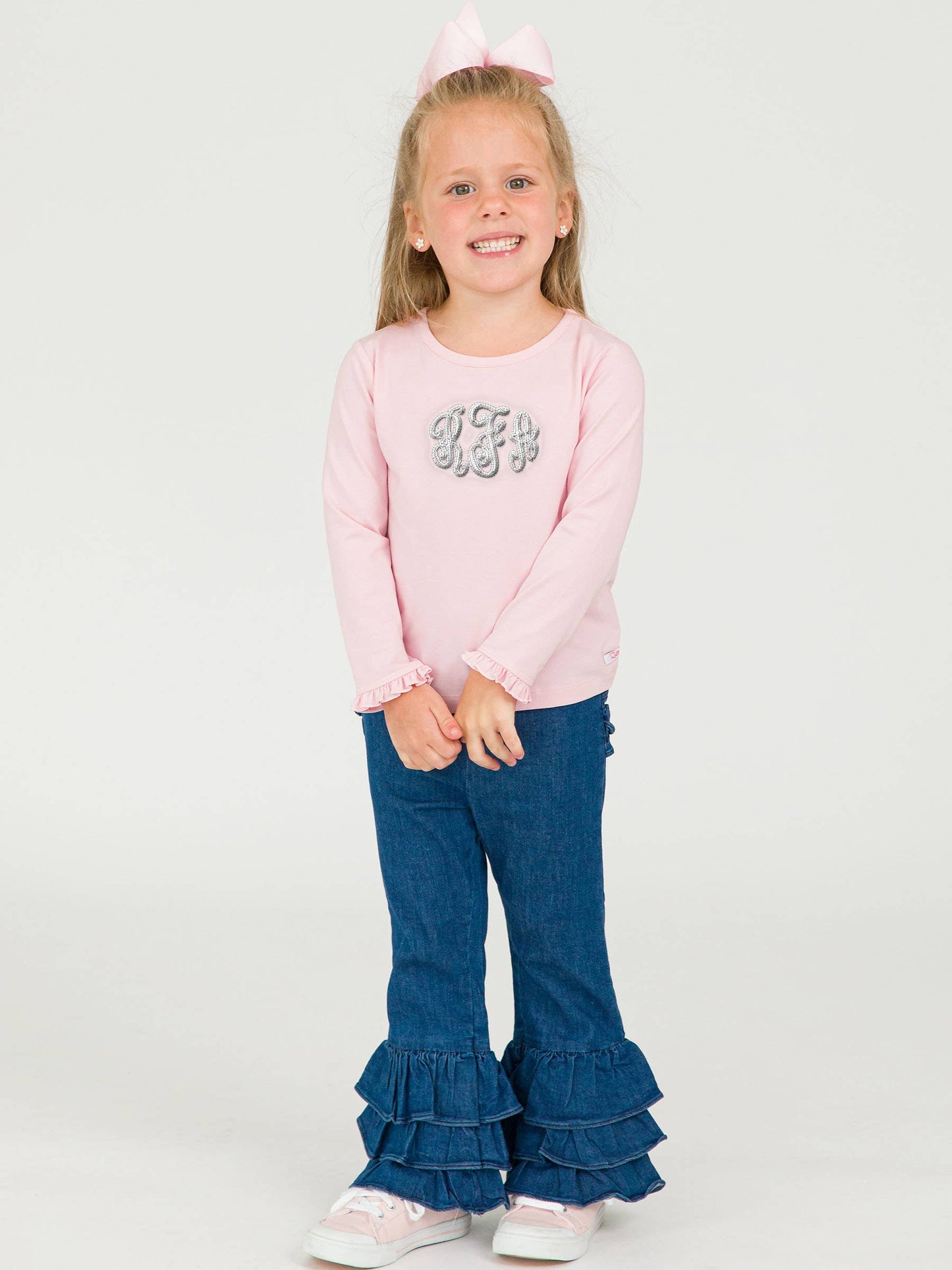 Toddler Girls Medium Wash Stretch Denim Ruffle Flare Pants with Signature Rear Ruffles: Blue
