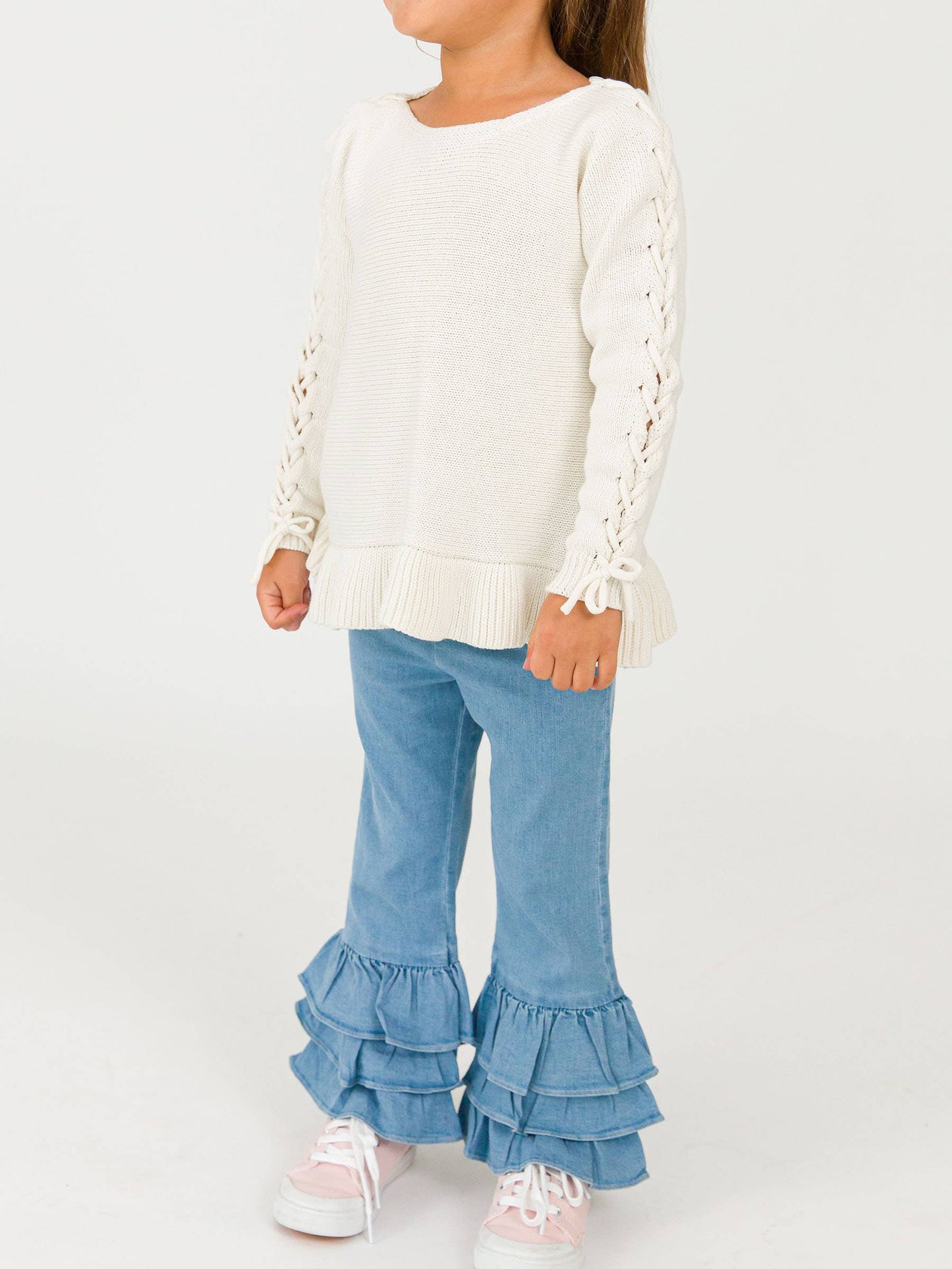 Toddler Girls Light Wash Stretch Denim Ruffle Flare Pants with Signature Rear Ruffles: Blue / 4T