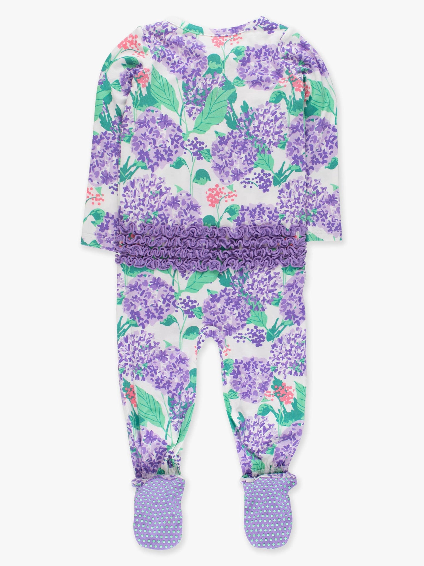 SoftSnooze™ Baby Girls Bamboo Viscose Purple Hydrangea Garden Footed Ruffle One Piece Pajama: Purple