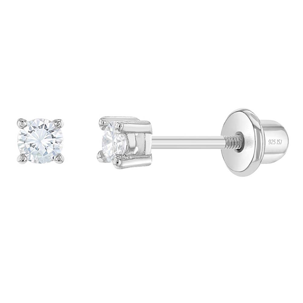 First Solitaire 2mm Baby Toddler Earrings - Sterling Silver: Pink CZ