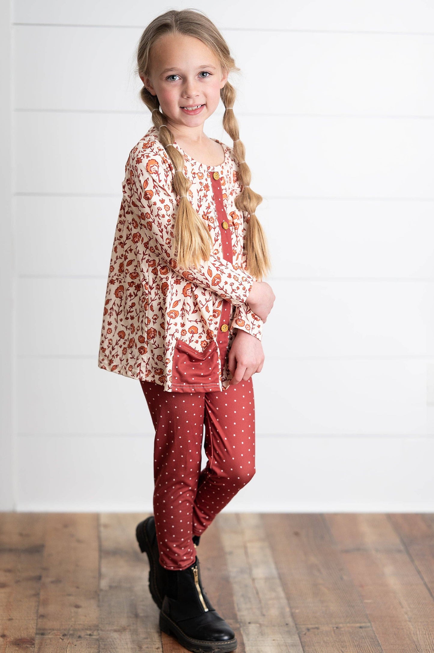 Girls Cinnamon Fall Floral & Pin Dot Pant Set: 3/4