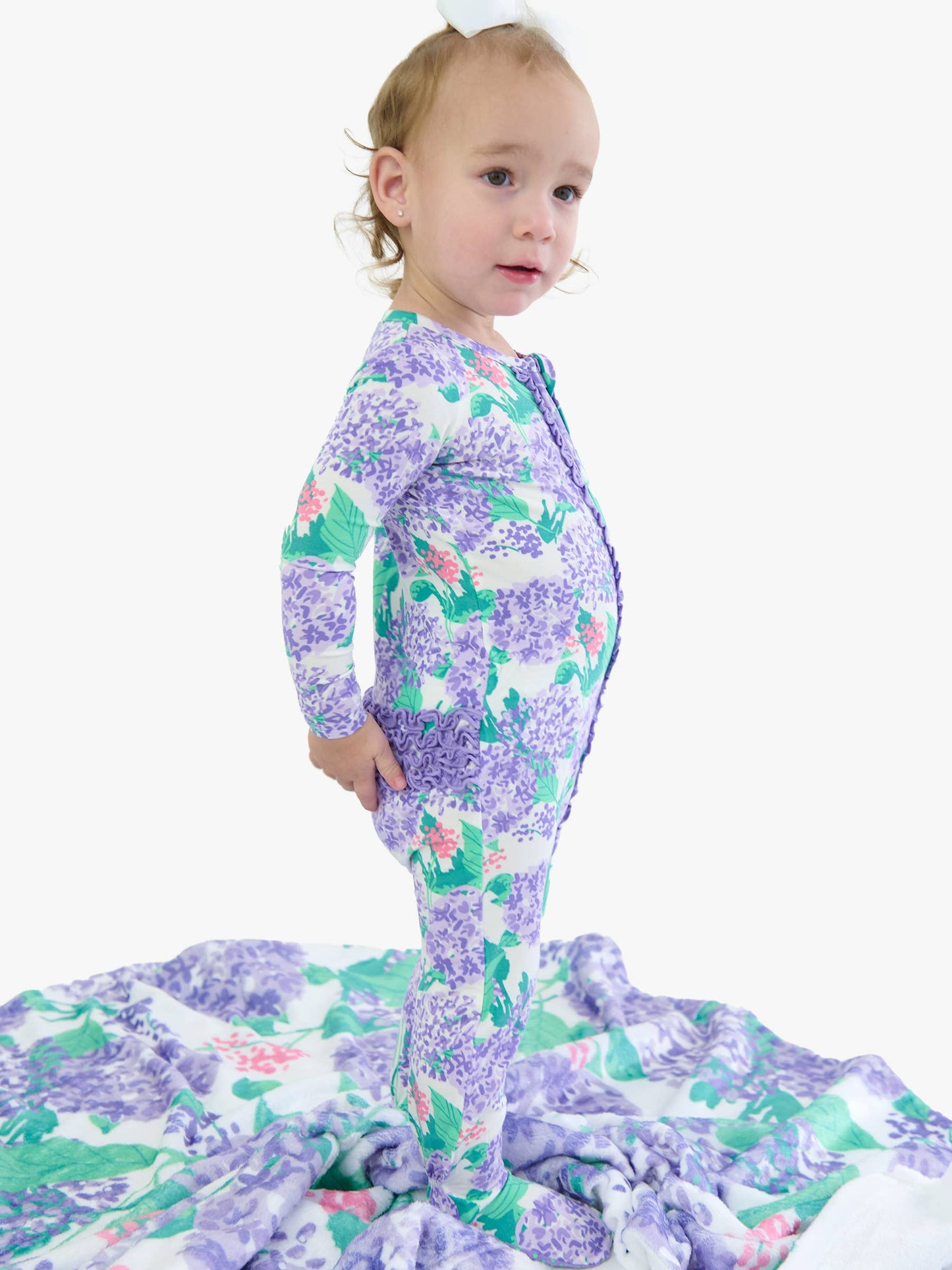 SoftSnooze™ Baby Girls Bamboo Viscose Purple Hydrangea Garden Footed Ruffle One Piece Pajama: Purple