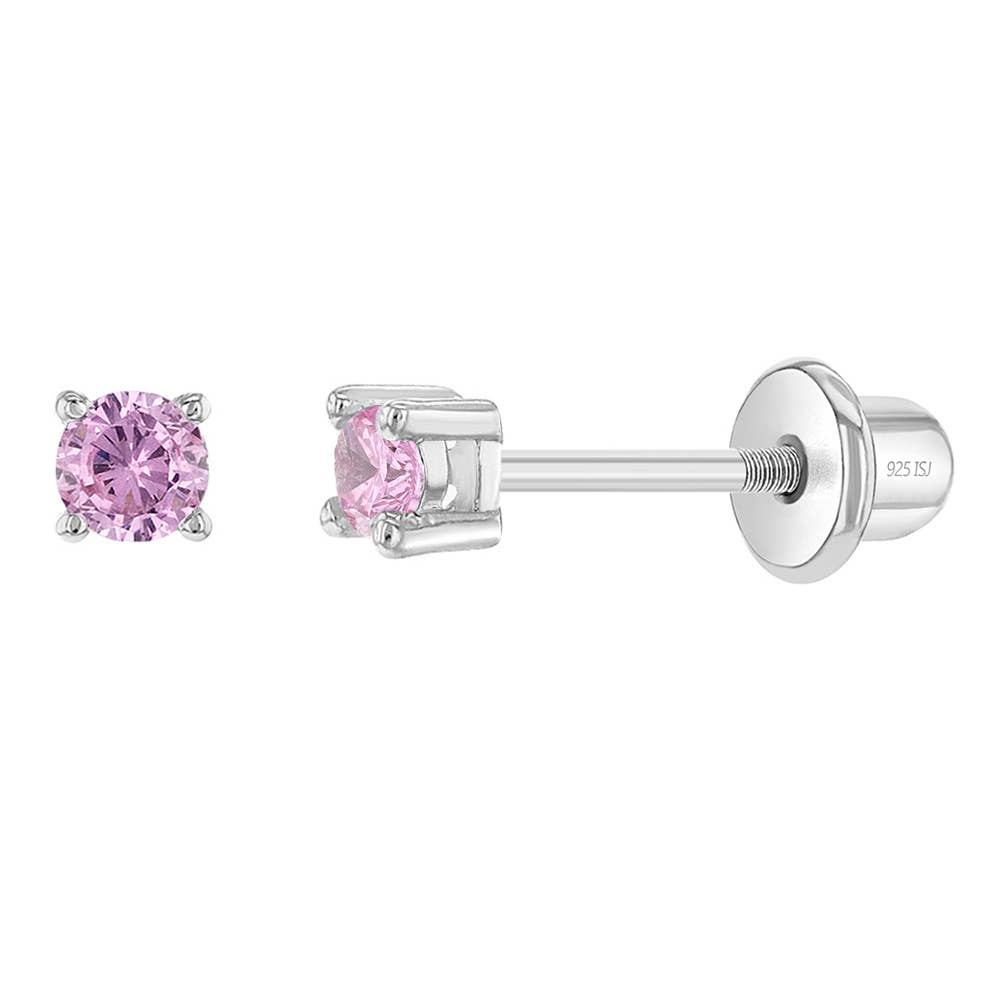 First Solitaire 2mm Baby Toddler Earrings - Sterling Silver: Pink CZ