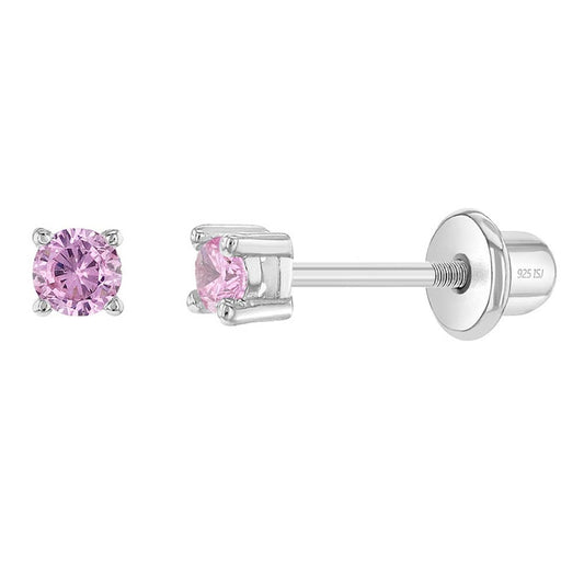 First Solitaire 2mm Baby Toddler Earrings - Sterling Silver: Pink CZ