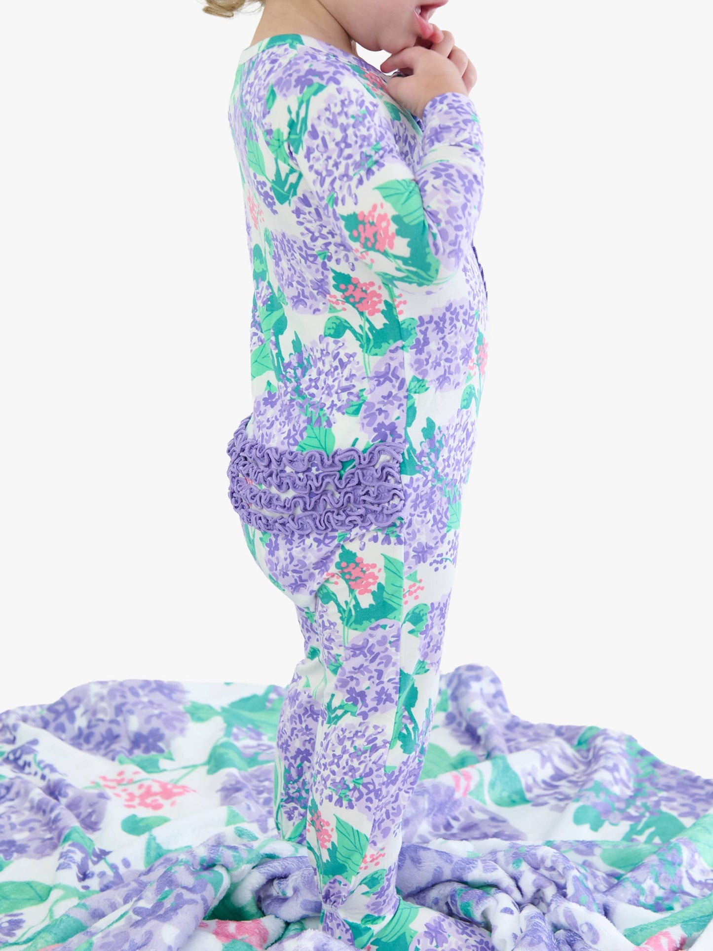 SoftSnooze™ Baby Girls Bamboo Viscose Purple Hydrangea Garden Footed Ruffle One Piece Pajama: Purple