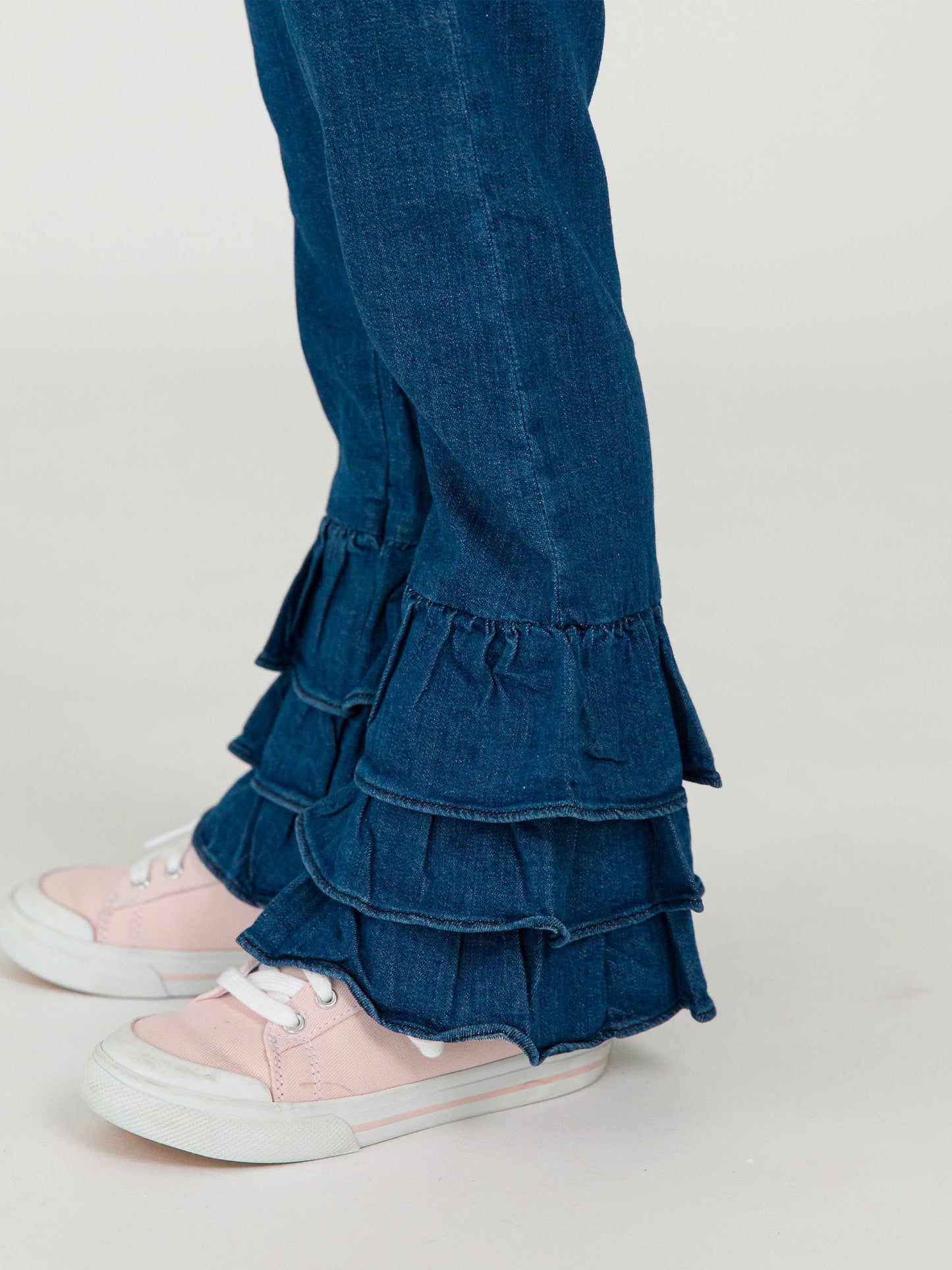 Toddler Girls Medium Wash Stretch Denim Ruffle Flare Pants with Signature Rear Ruffles: Blue