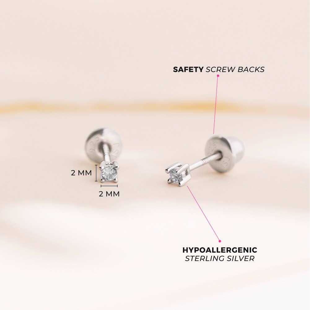 First Solitaire 2mm Baby Toddler Earrings - Sterling Silver: Pink CZ