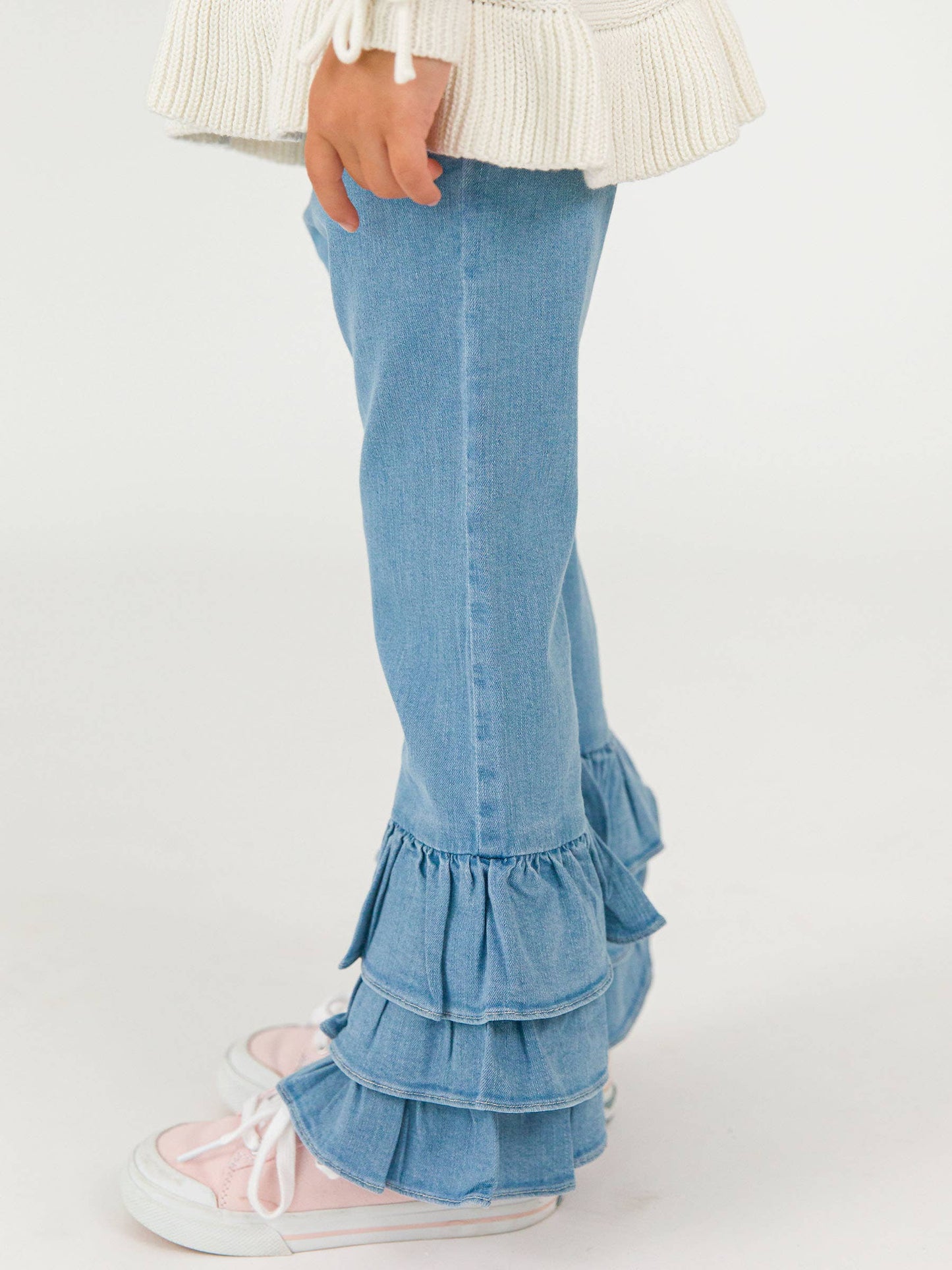 Toddler Girls Light Wash Stretch Denim Ruffle Flare Pants with Signature Rear Ruffles: Blue / 4T