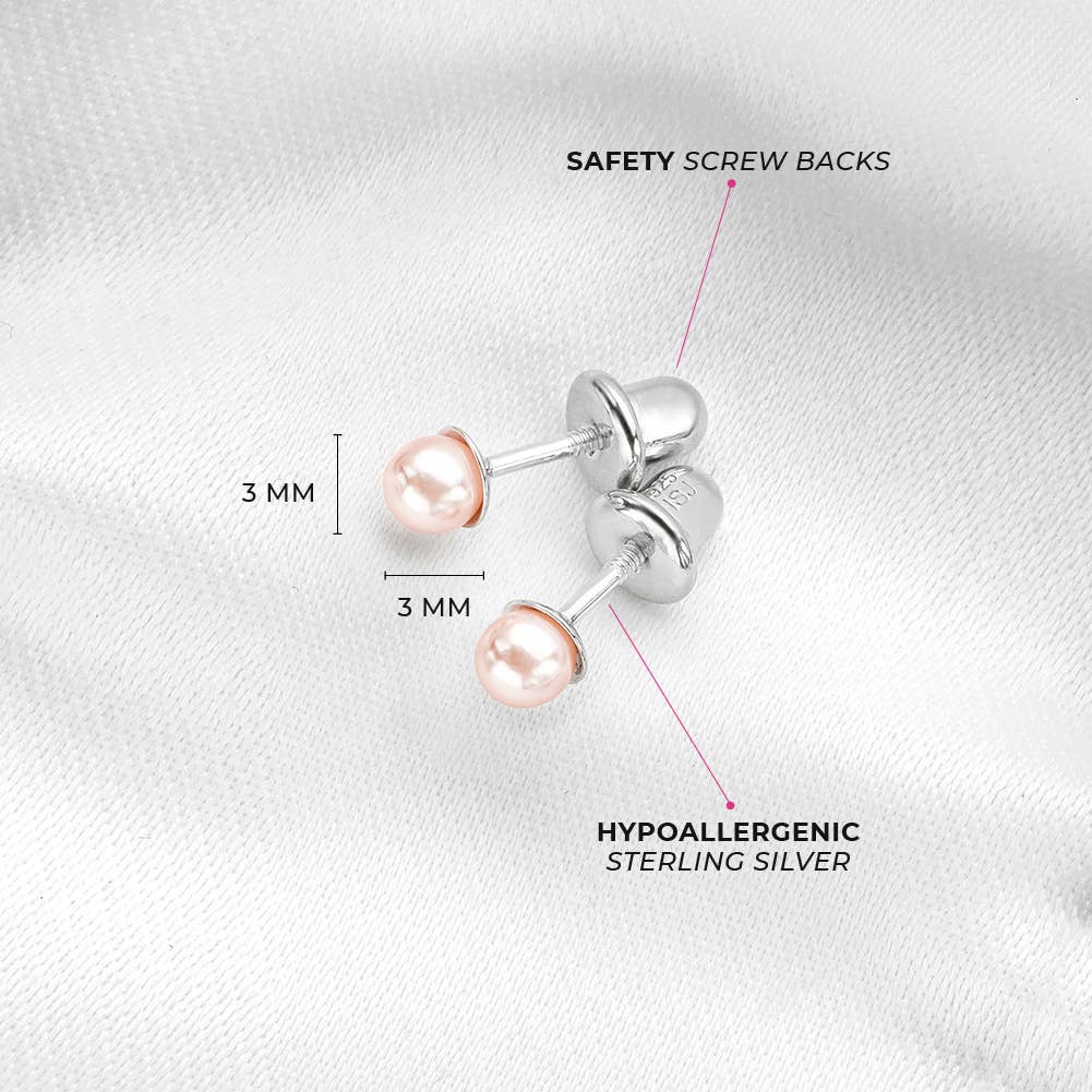 Pink Pearls 3-5mm Kids Earrings Screw Back - Sterling Silver: 4.0mm