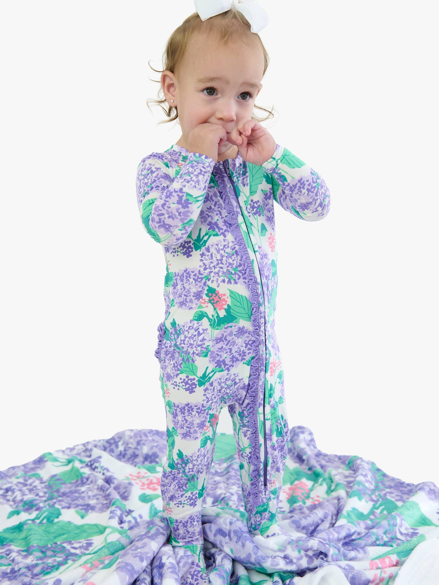 SoftSnooze™ Baby Girls Bamboo Viscose Purple Hydrangea Garden Footed Ruffle One Piece Pajama: Purple