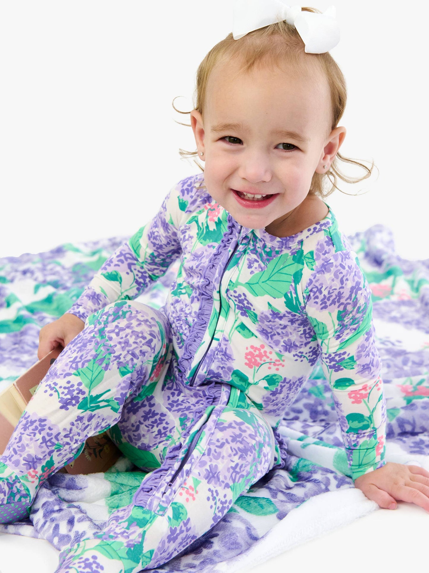 SoftSnooze™ Baby Girls Bamboo Viscose Purple Hydrangea Garden Footed Ruffle One Piece Pajama: Purple