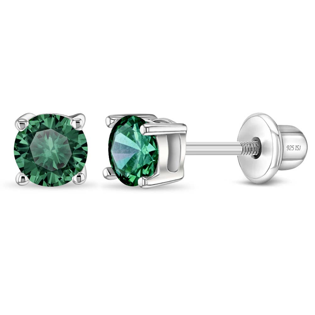 Classic Round Green Solitaire Earrings - Sterling Silver: 05 - May