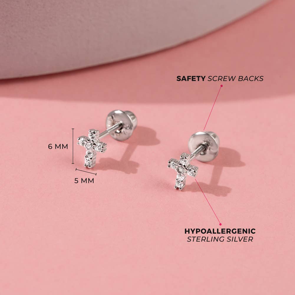 Delicate Cross 6mm Baby / Toddler Earrings - Sterling Silver