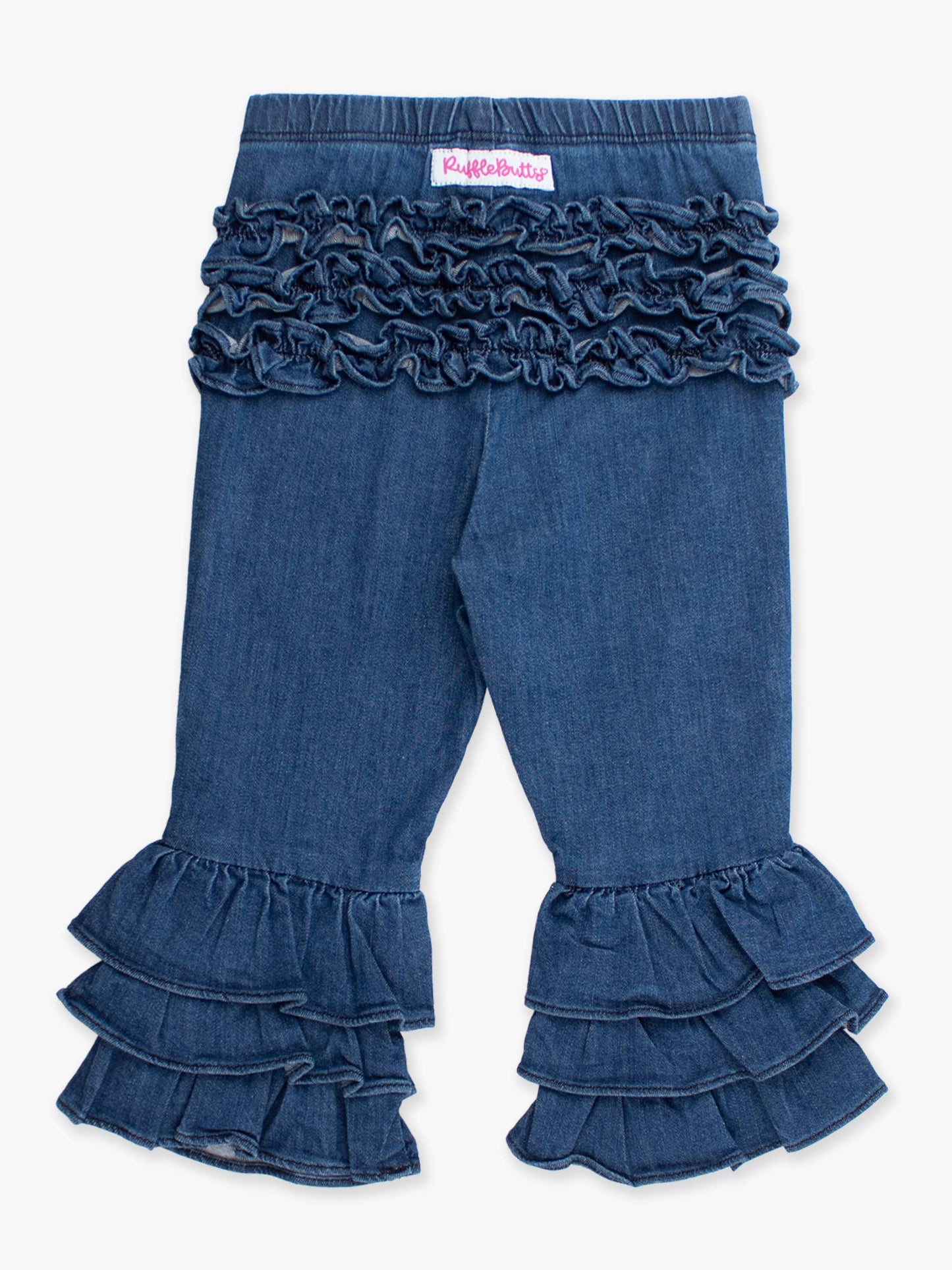 Toddler Girls Medium Wash Stretch Denim Ruffle Flare Pants with Signature Rear Ruffles: Blue