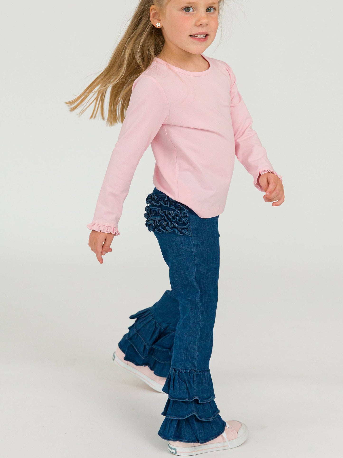 Toddler Girls Medium Wash Stretch Denim Ruffle Flare Pants with Signature Rear Ruffles: Blue
