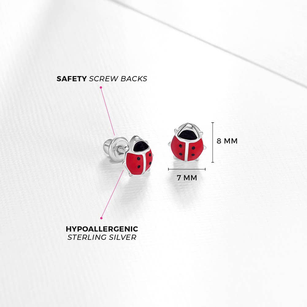 Enamel Ladybug Baby Toddler Kid Earrings - Sterling Silver: Red