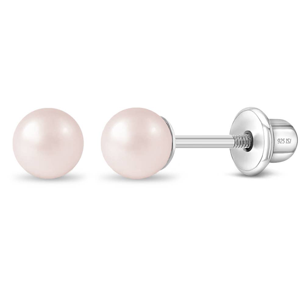 Pink Pearls 3-5mm Kids Earrings Screw Back - Sterling Silver: 4.0mm