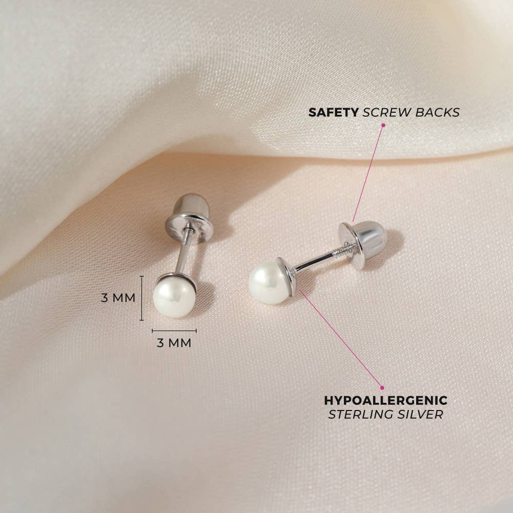 Classic Pearl 3-5mm Toddler Kids Earrings - Sterling Silver: 4mm