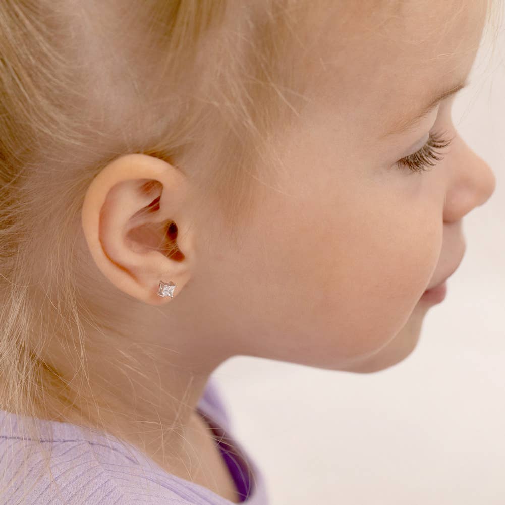 Square CZ Solitaire 3mm Baby Kids Earrings - Sterling Silver: Clear CZ