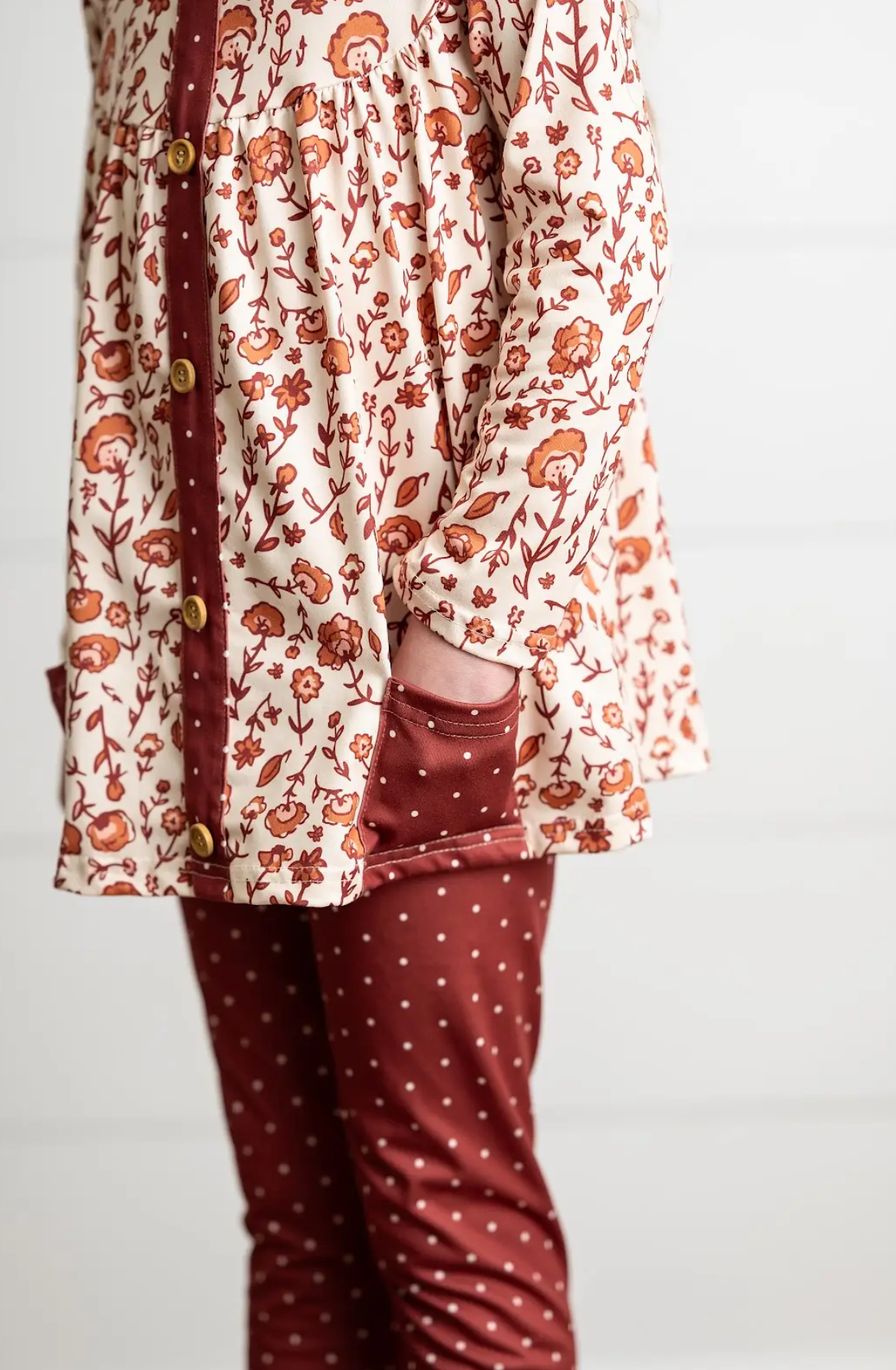 Girls Cinnamon Fall Floral & Pin Dot Pant Set: 3/4