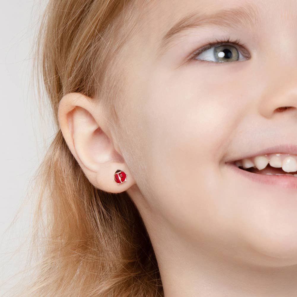 Enamel Ladybug Baby Toddler Kid Earrings - Sterling Silver: Red