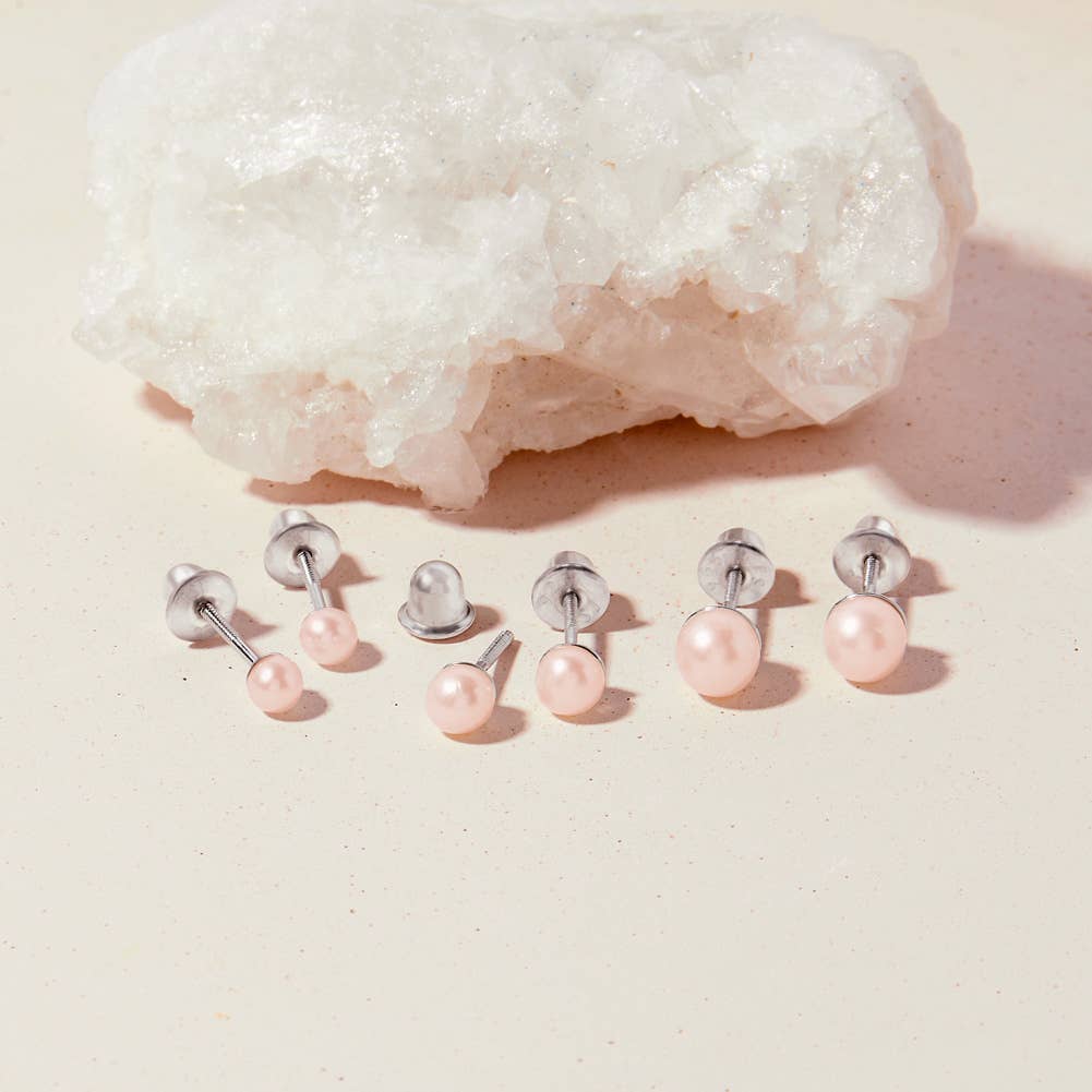 Pink Pearls 3-5mm Kids Earrings Screw Back - Sterling Silver: 4.0mm