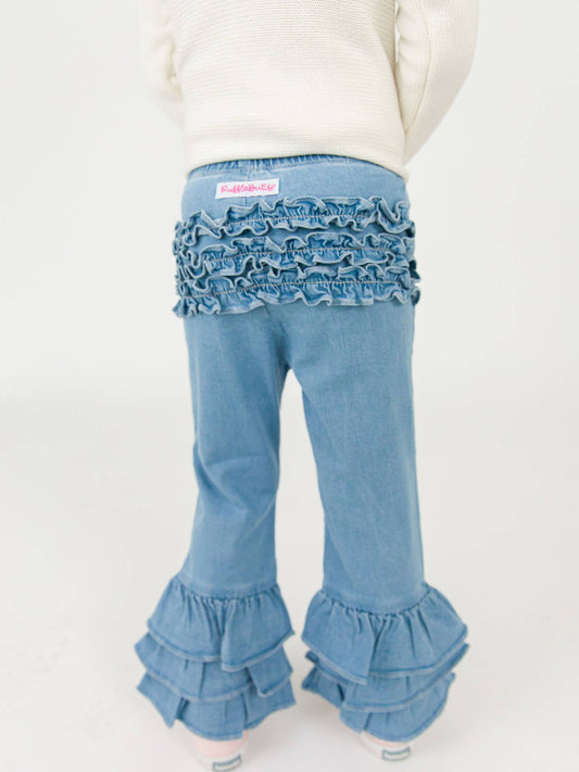 Girls Light Wash Stretch Denim Ruffle Flare Pants with Signature Rear Ruffles: Blue / 4T