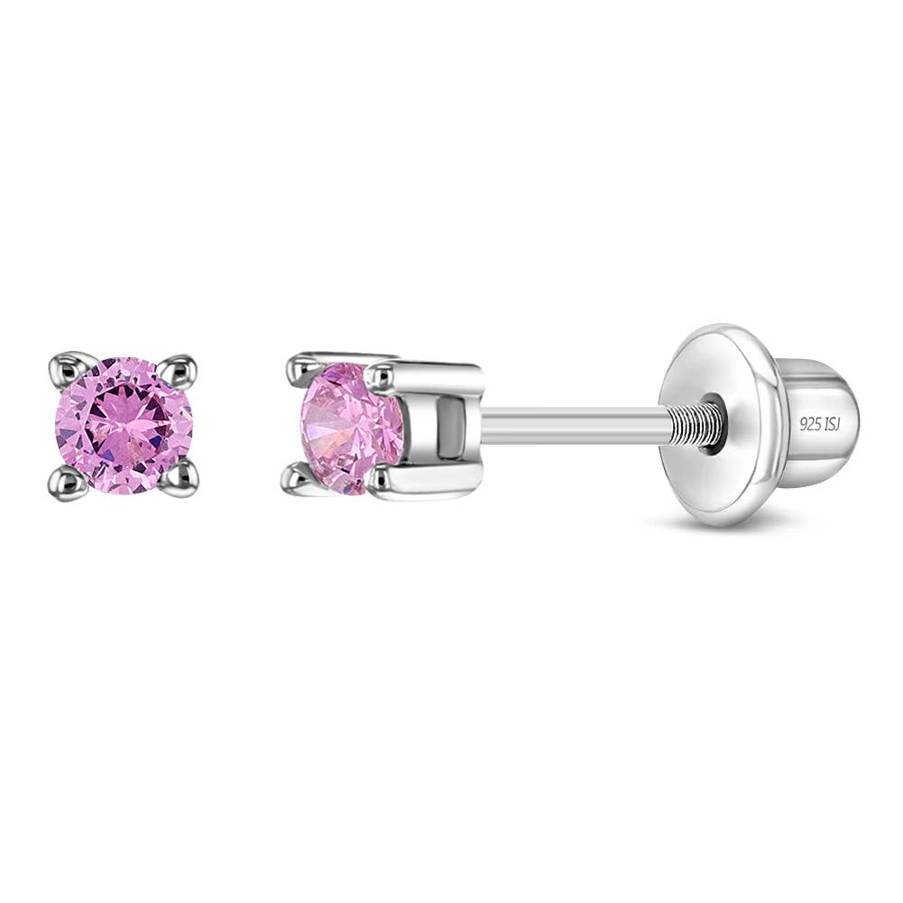 First Solitaire 2mm Baby Toddler Earrings - Sterling Silver: Pink CZ
