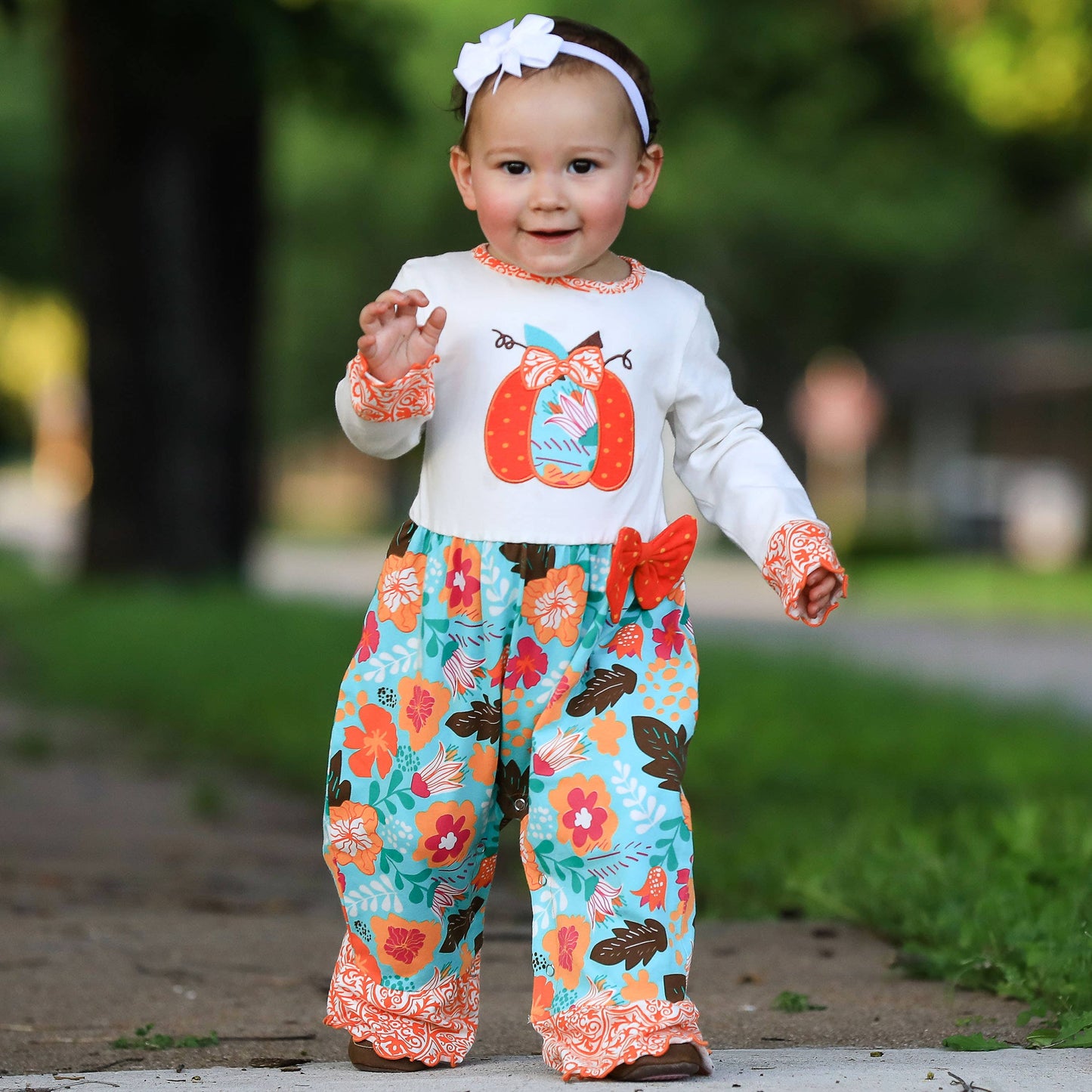 AnnLoren Baby Girls Thanksgiving Orange Pumpkin Romper