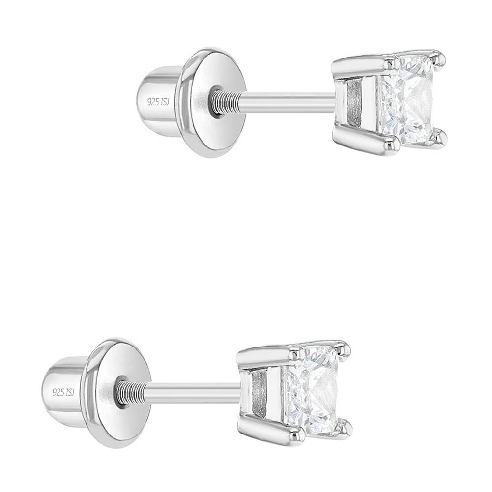 Square CZ Solitaire 3mm Baby Kids Earrings - Sterling Silver: Clear CZ