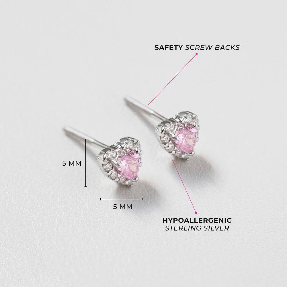 Princess Heart CZ Baby / Toddler Earrings - Sterling Silver: Pink