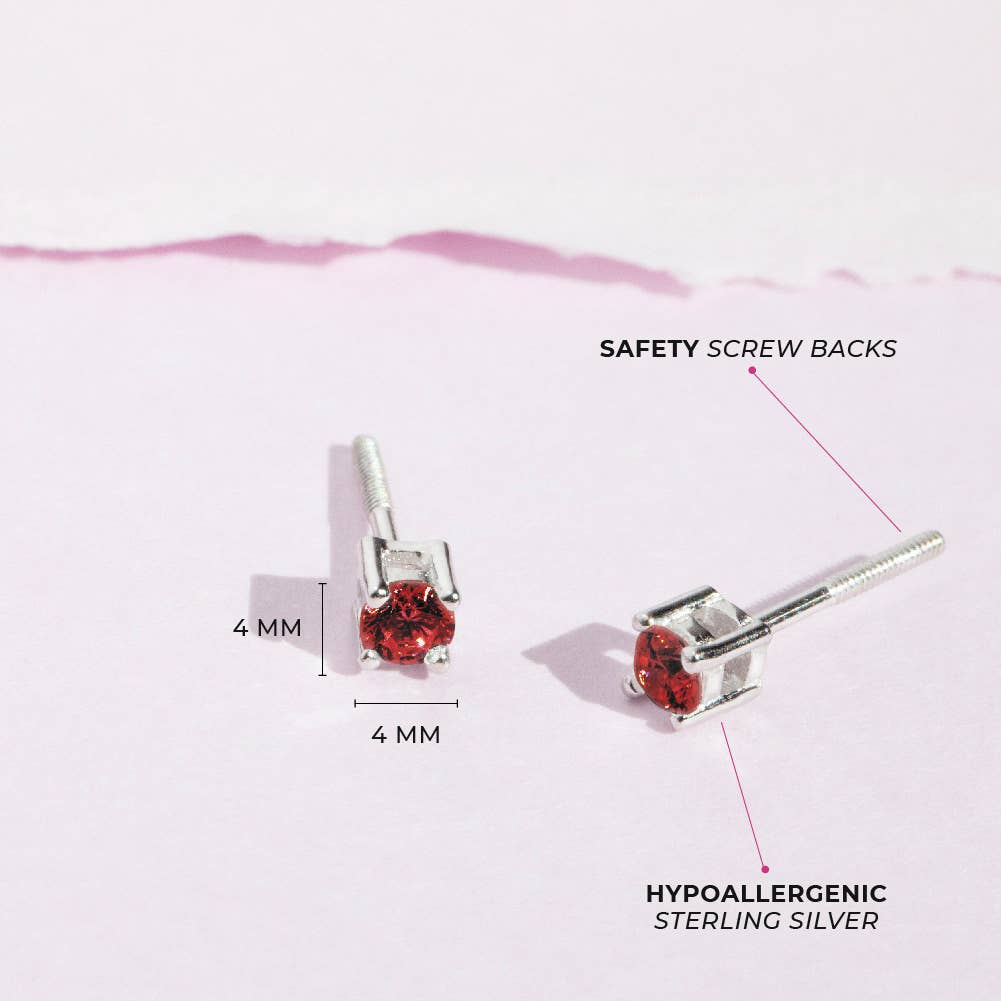 Classic Round Red Solitaire Earrings - Sterling Silver: 01 - Jan