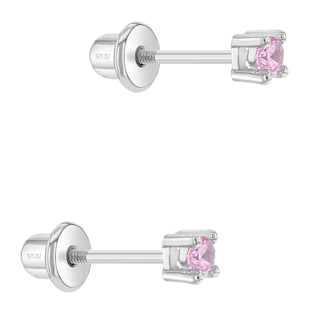 First Solitaire 2mm Baby Toddler Earrings - Sterling Silver: Pink CZ