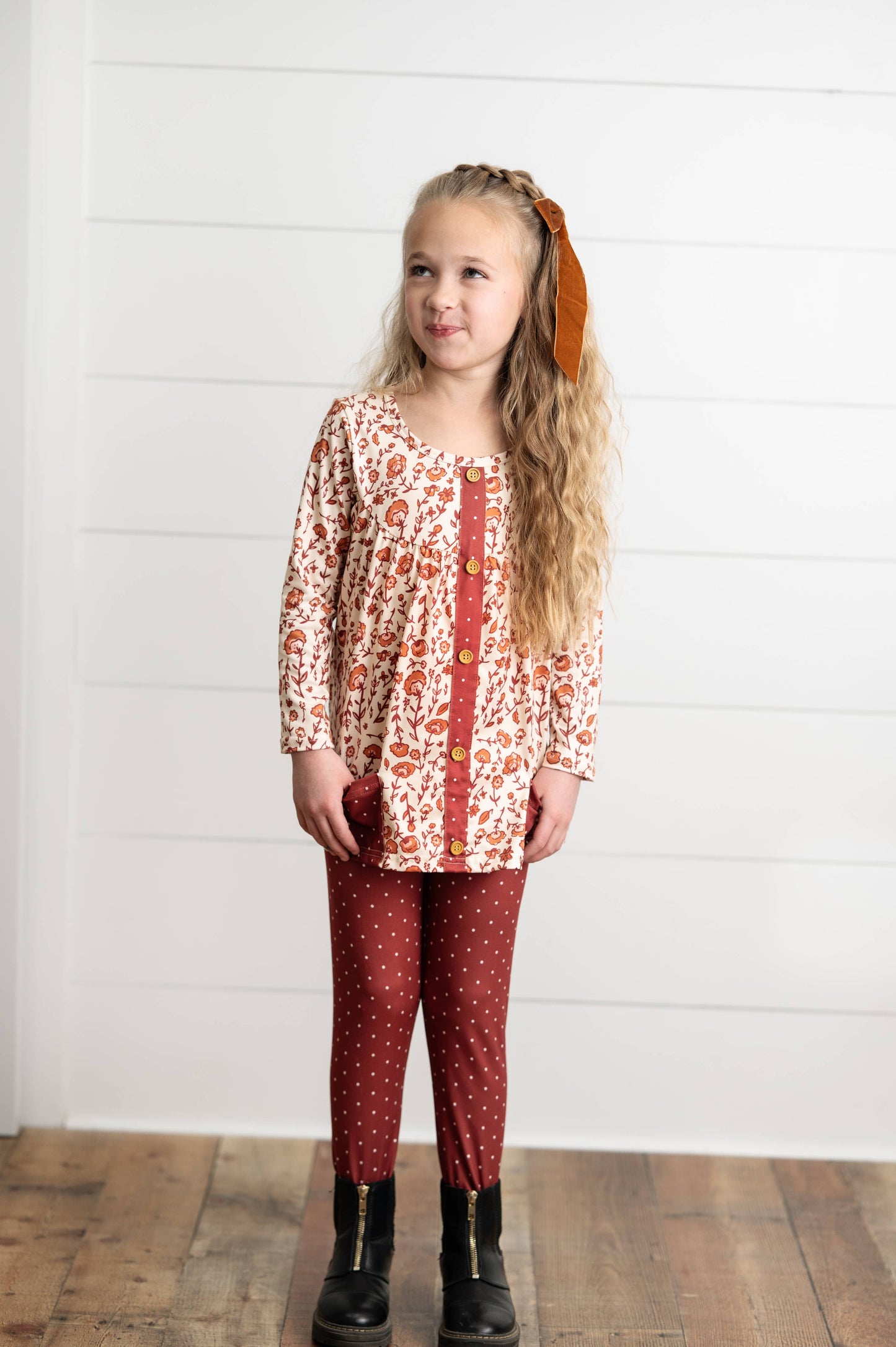 Girls Cinnamon Fall Floral & Pin Dot Pant Set: 3/4