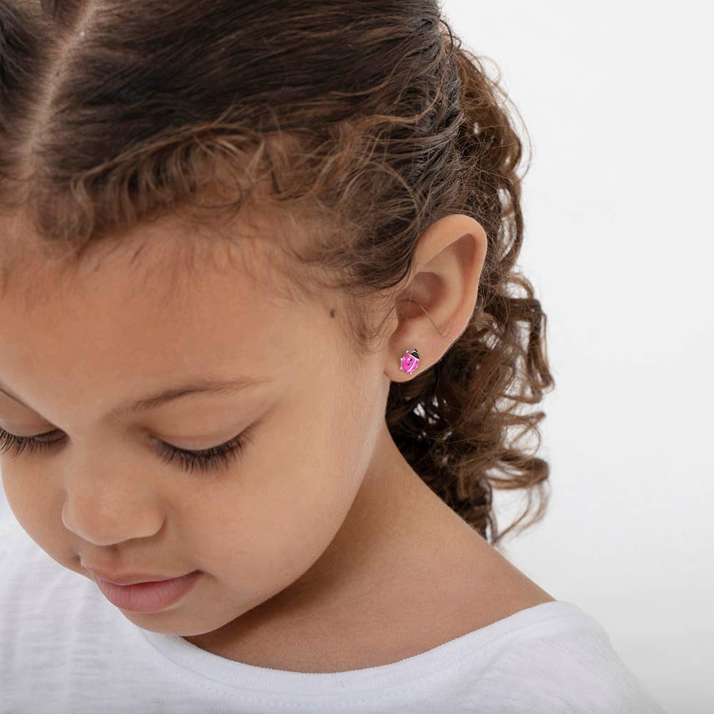 Enamel Ladybug Baby Toddler Kid Earrings - Sterling Silver: Red