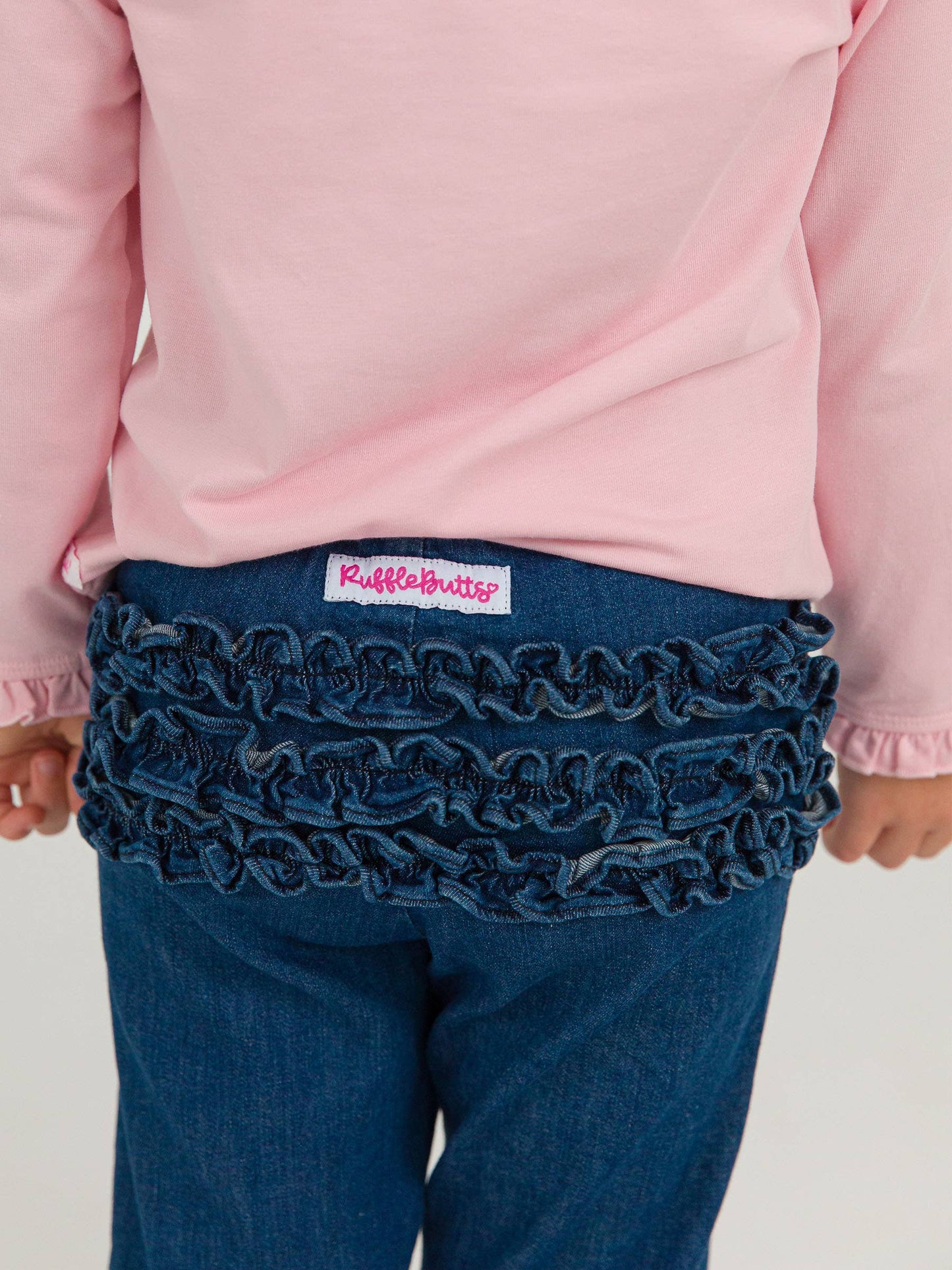 Toddler Girls Medium Wash Stretch Denim Ruffle Flare Pants with Signature Rear Ruffles: Blue