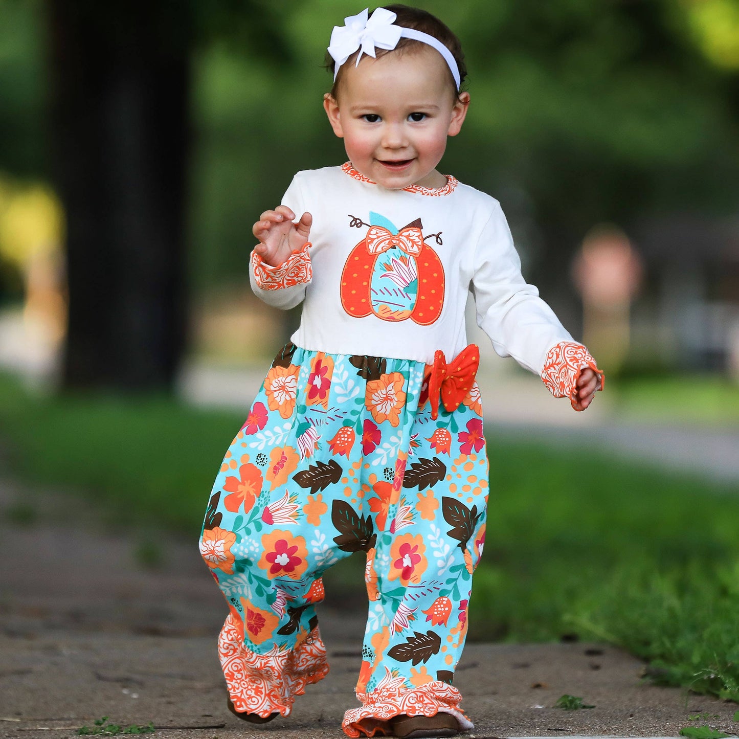 AnnLoren Baby Girls Thanksgiving Orange Pumpkin Romper